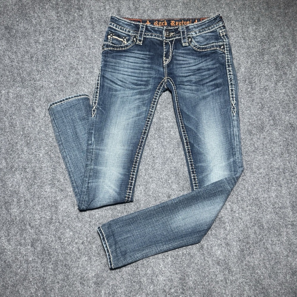 Rock Revival Kelly Skinny Jeans Women Tag 25 Medium Wash Thick Embroidery 28x30